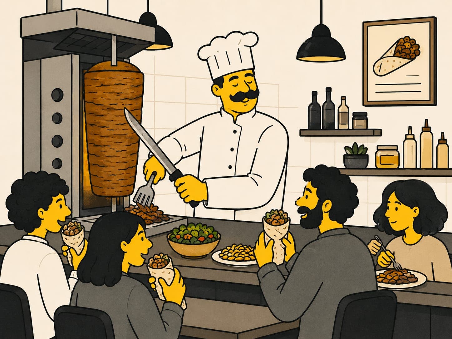 Chef slicing shawarma at Nour Cafe while guests enjoy wraps — Pull up a chair on Squire Road